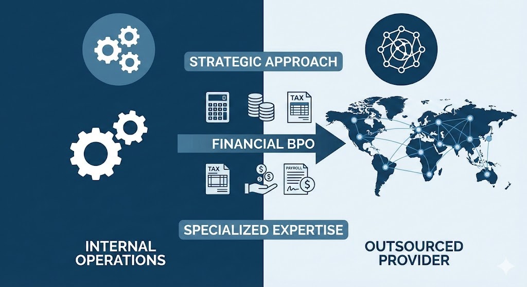 Explanatory diagram of Financial BPO showing the transfer of internal accounting operations to a specialized, global external provider.
