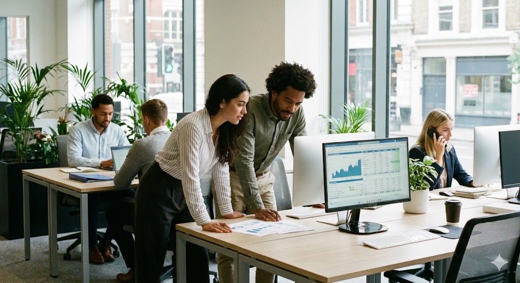 A candid photograph of a diverse team of financial professionals collaborating in a modern, sunlit open-plan office. In the foreground, a woman and a man review financial charts on a computer screen and discuss a document, while other colleagues work at desks in the background.