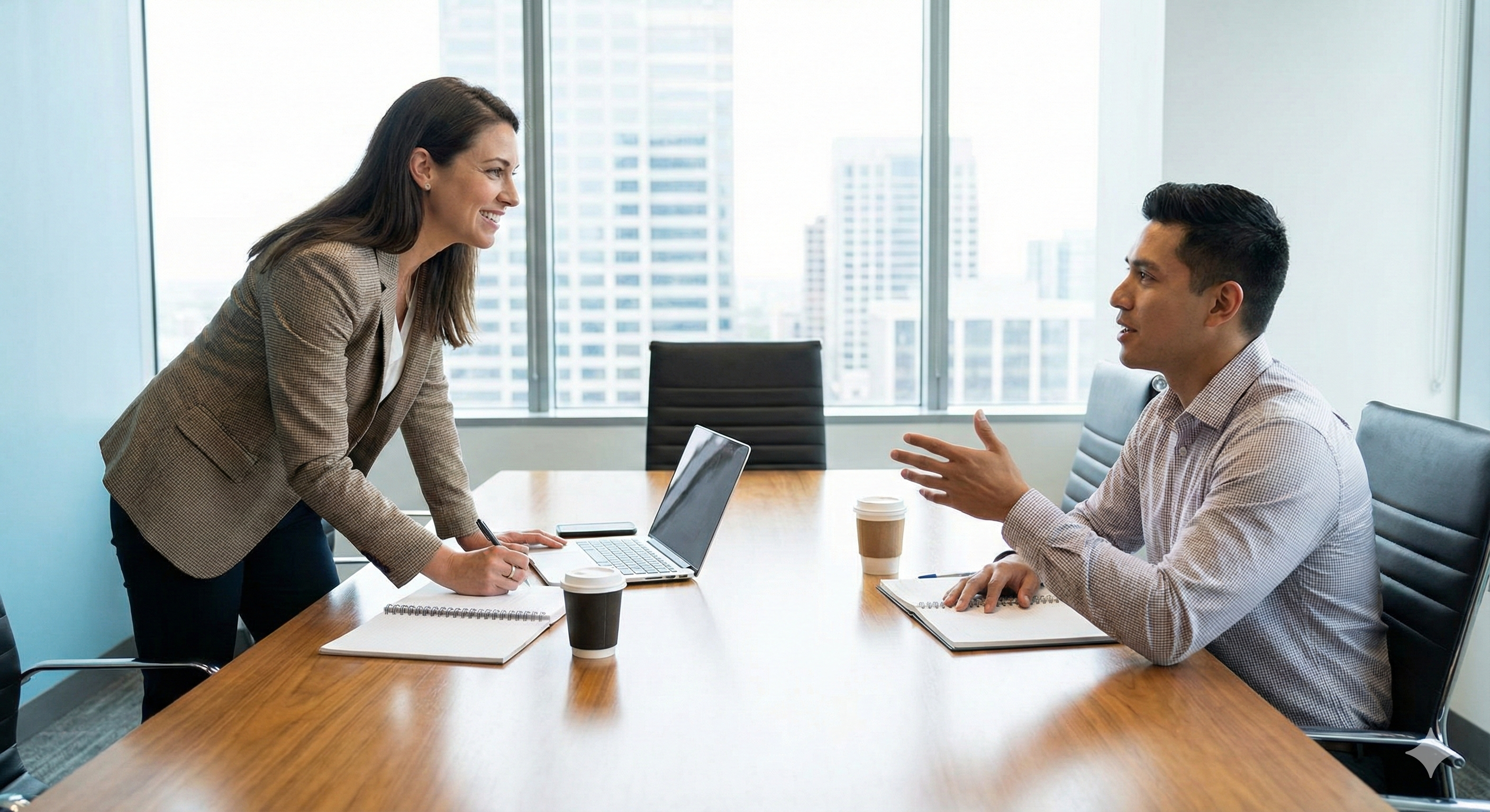 A smiling hiring manager conducting a job interview with a candidate in a modern office conference room.